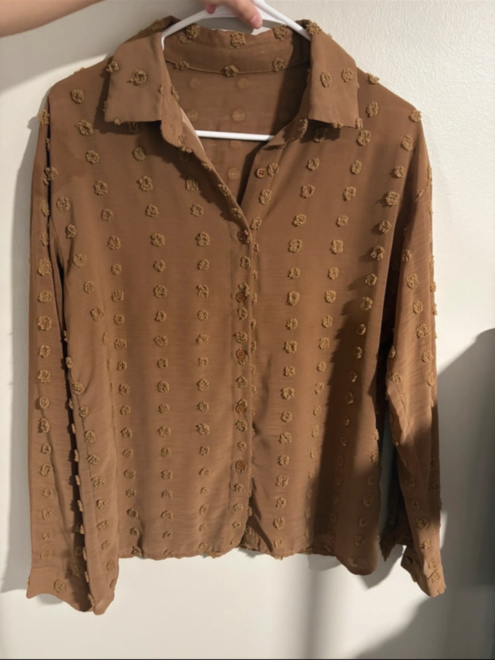 Brown Button-Down Blouse with Textured Dot Detail